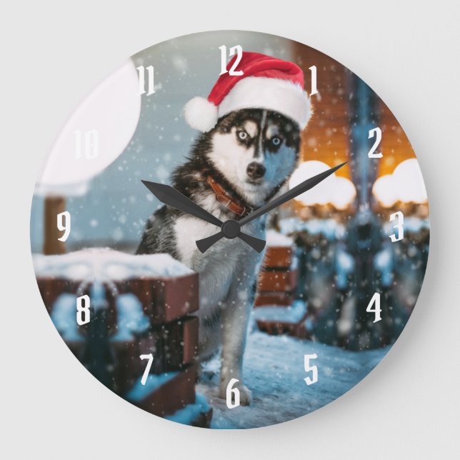 Siberian Husky dog wearing santa hat Stor Klocka (Framsida)