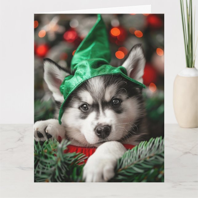 Siberian husky Elf Puppy-julkort Kort (Framsida)