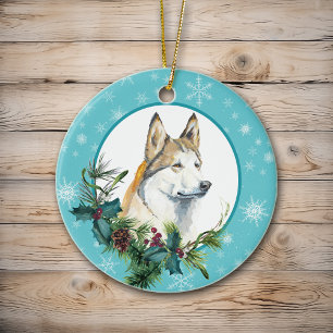 Siberian husky Evergreen Blue Snowflake Gräns Julgransprydnad Keramik