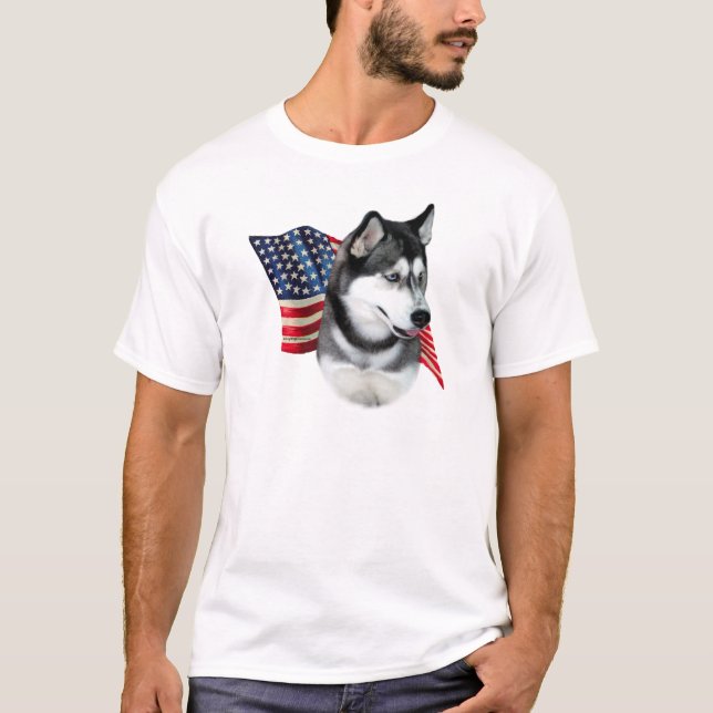 Siberian husky Flagga Tee Shirt (Framsida)