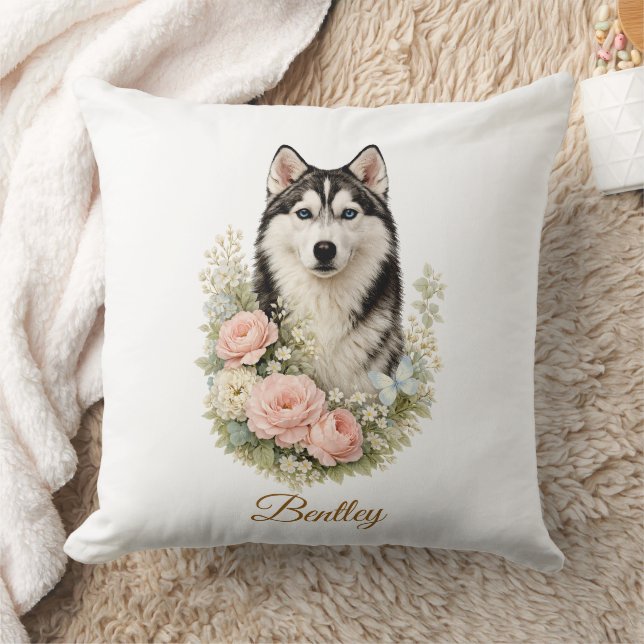 Siberian Husky Floral Portrait Kudde (Filt)