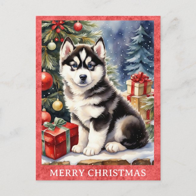 Siberian husky God jul Cute Puppy Hund Pos Vykort (Framsida)