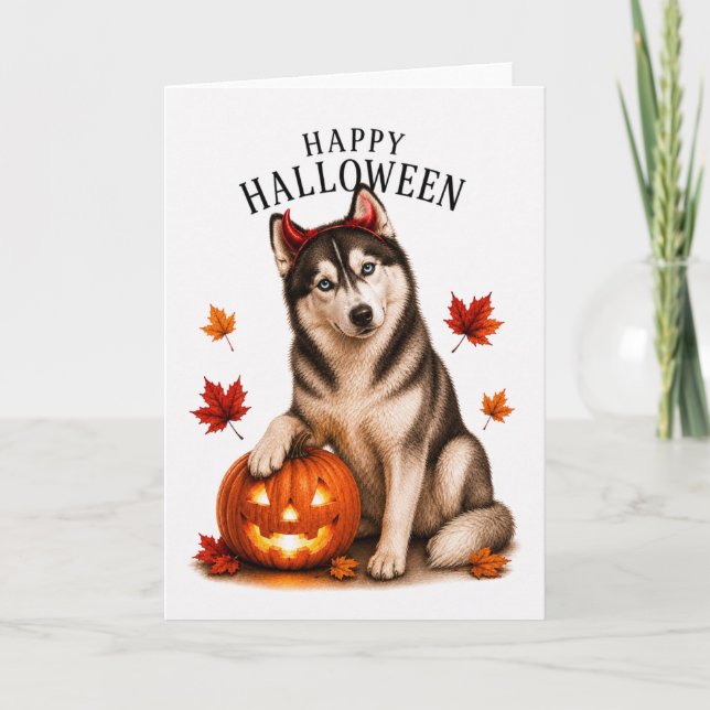 Siberian Husky Halloween Djävulshund Kort (Framsida)