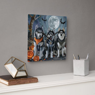 Siberian Husky Halloween Kuslig Fyrkantig Klocka