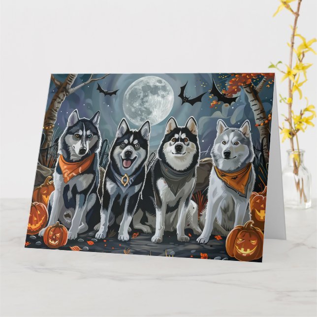 Siberian Husky Halloween Kuslig  Kort (Gul blomma)