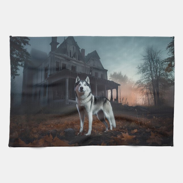 Siberian husky Halloween Scary Kökshandduk (Horisontell)