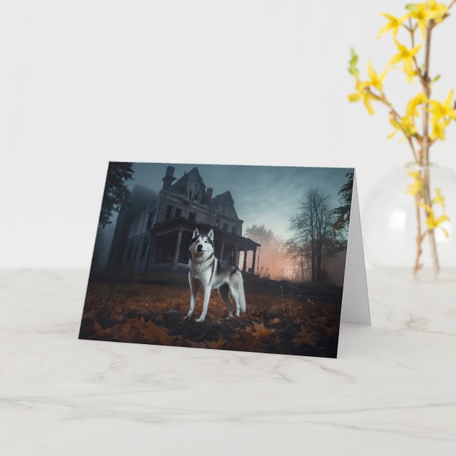 Siberian Husky Halloween Skräckinjagande Kort (Gul blomma)