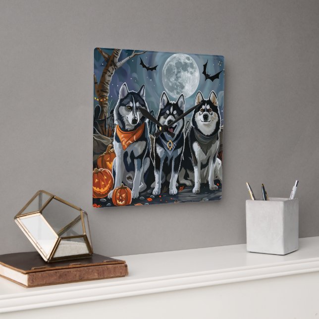 Siberian husky Halloween Spooky Fyrkantig Klocka (Kontor)