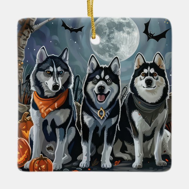 Siberian husky Halloween Spooky Julgransprydnad Keramik (Framsida)