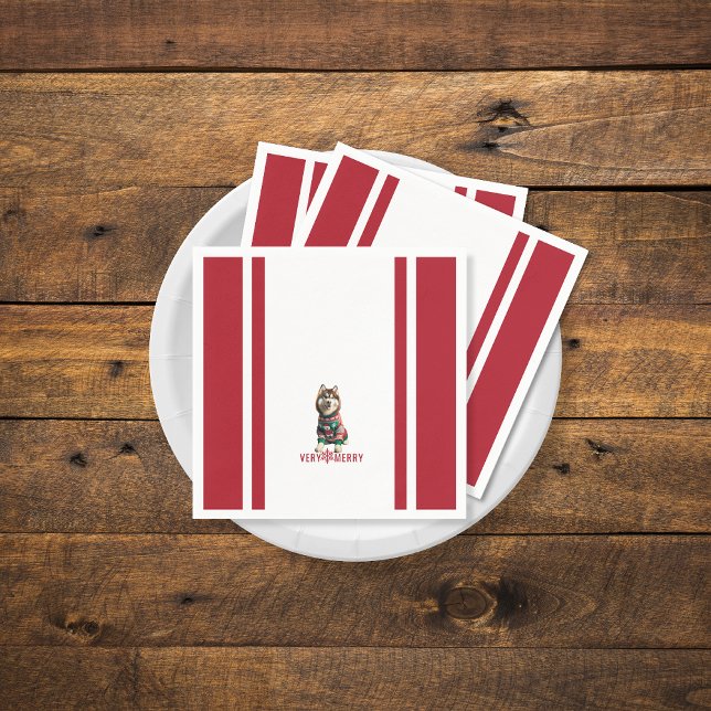 Siberian husky Helgdag Pappersservett (The front of the Siberian Husky red and white napkins (multiple shown))