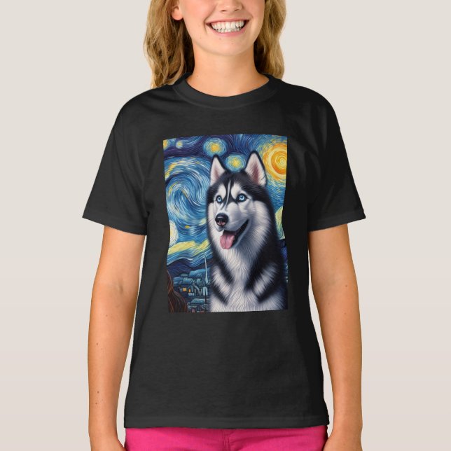 Siberian husky Hund Art Van Gogh Starry Night Sibe T Shirt (Framsida)