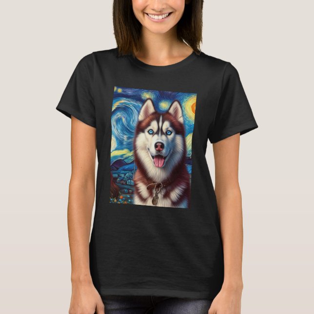 Siberian husky Hund Art Van Gogh Starry Night Sibe T Shirt (Framsida)