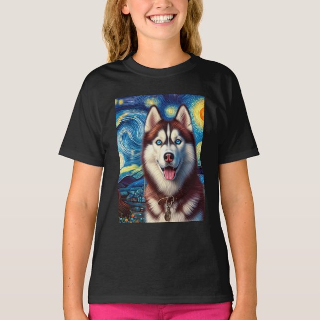 Siberian husky Hund Art Van Gogh Starry Night Sibe T Shirt (Framsida)
