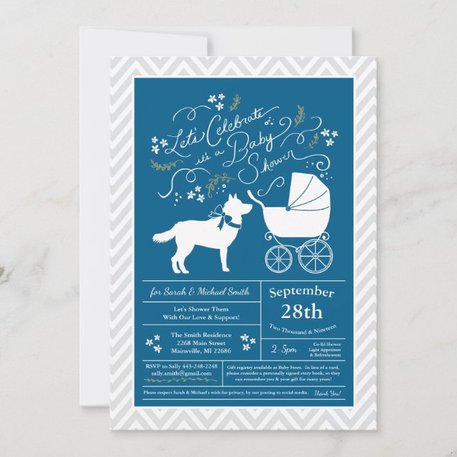 Siberian husky Hund Baby Shower Blue Boy Inbjudningar (Framsida)