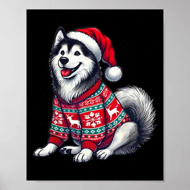 Siberian Husky Hund Fula Tröja Tomtehatt Jul Poster (Framsidan)
