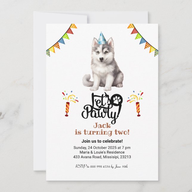 Siberian Husky Hund Hatt Låt oss Festa Födelsedag Inbjudningar (Framsida)