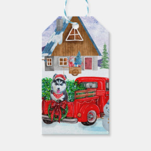 Siberian husky Hund i julleveransen Lastbil Presentetikett