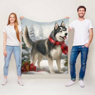 Siberian Husky hund i snö jul Fleecefilt