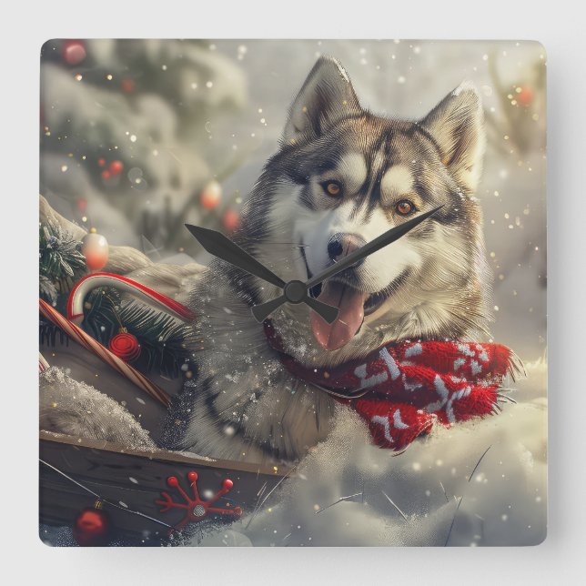 Siberian Husky Hund Jul Festlig Fyrkantig Klocka (Framsida)