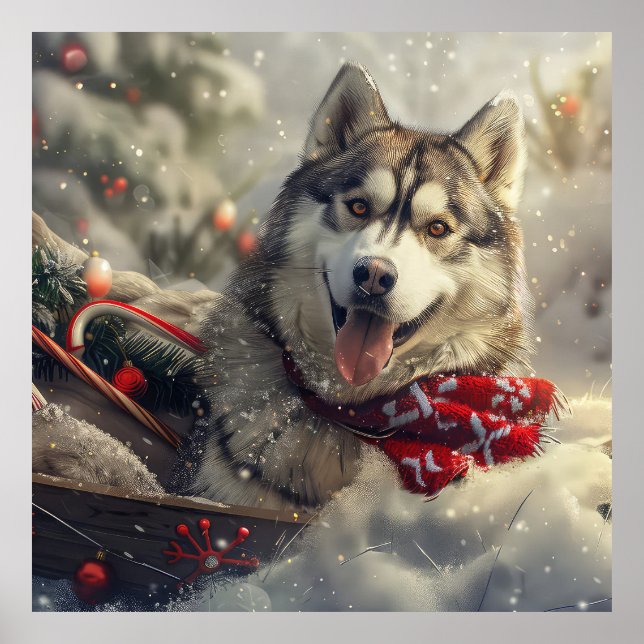 Siberian Husky Hund Jul Festlig Poster (Framsidan)