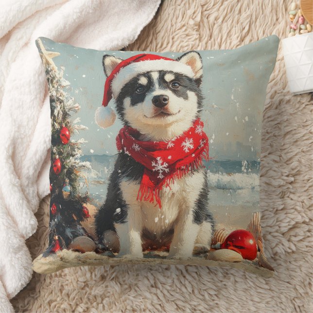 Siberian Husky Hund Jul Vintage Strand Kudde (Filt)