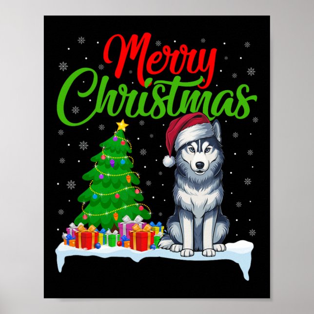 Siberian husky Hund Julgran Light Funny Julafton Poster (Framsidan)