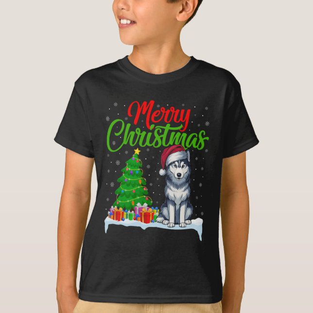 Siberian husky Hund Julgran Light Funny Julafton T Shirt (Framsida)
