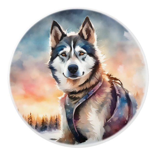 Siberian husky Hund keramisk dragning Knopp (Framsidan)