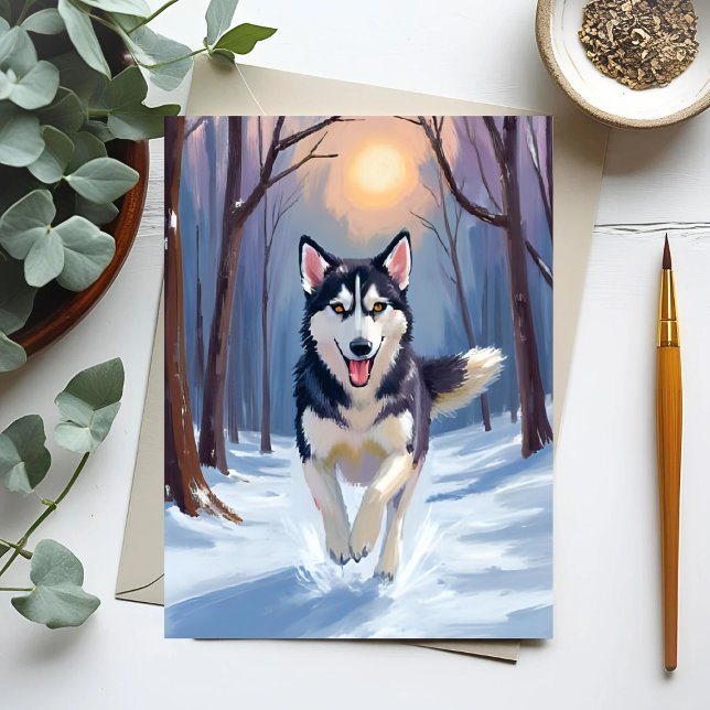Siberian Husky Hund Målning Vinter Vykort (Skapare uppladdad)