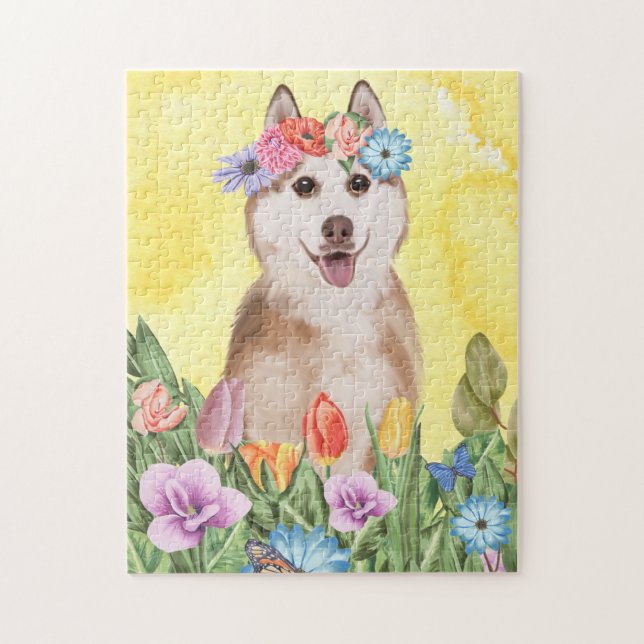 siberian husky Hund med blommor Vår Pussel (Vertikal)