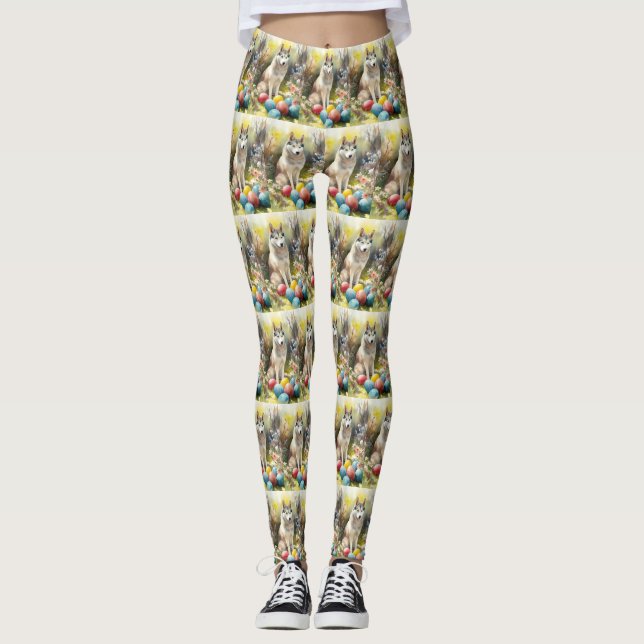 Siberian Husky Hund med påskägg Semester  Leggings (Framsida)