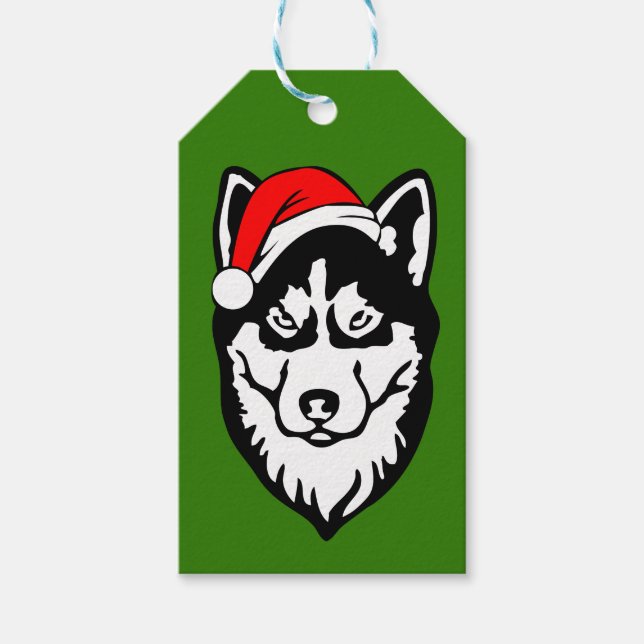Siberian husky Hund med Santa Hat i Snö Presentetikett (Framsidan)
