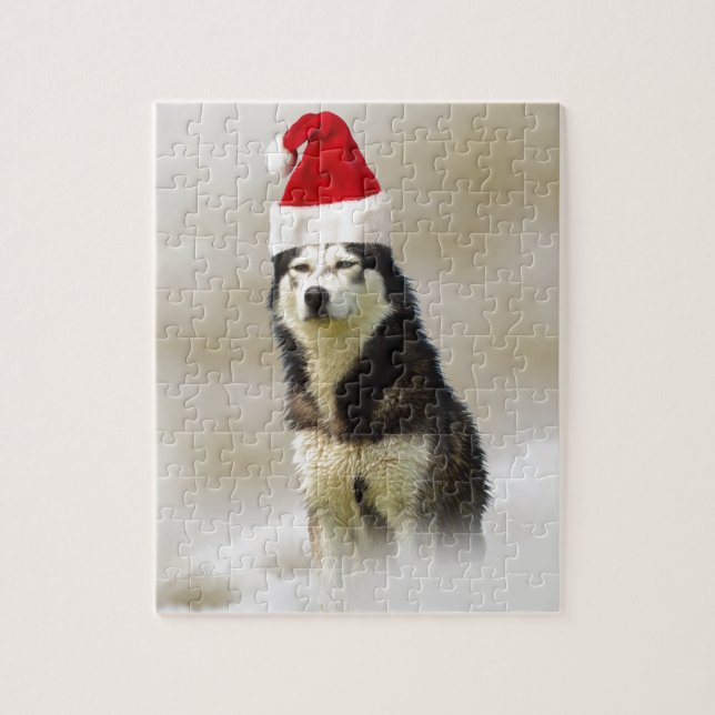 Siberian husky Hund med Santa Hat i Snö Pussel (Vertikal)