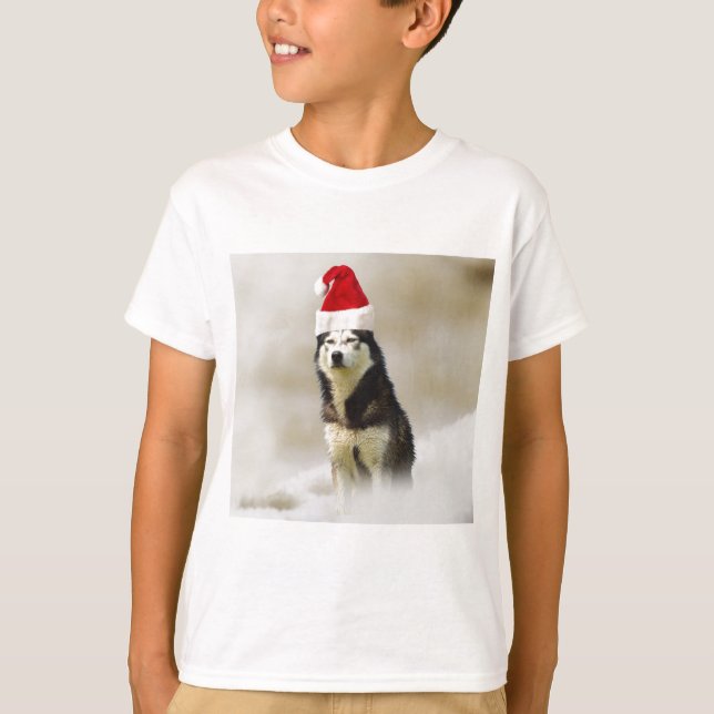 Siberian husky Hund med Santa Hat i Snö T Shirt (Framsida)