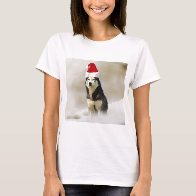 Siberian husky Hund med Santa Hat i Snö T Shirt (Framsida)