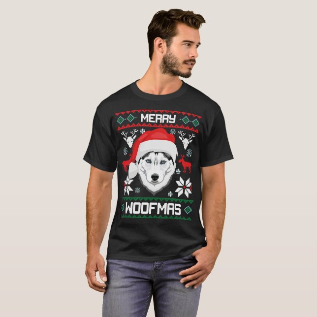 Siberian husky Hund Merry Woofmas jul T Shirt (Hel framsida)