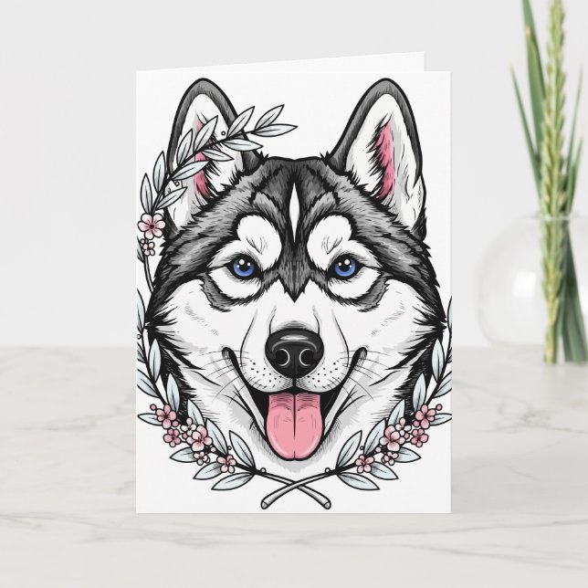 Siberian husky Hund och bergsLaurel-Blommarna Helgkort (Framsida)