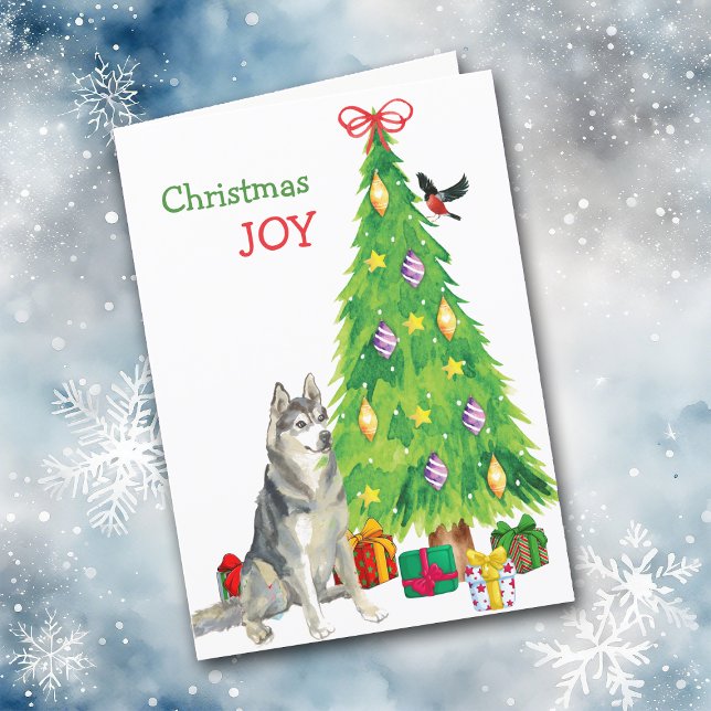 Siberian husky Hund och Julgran Helgkort (Skapare uppladdad)