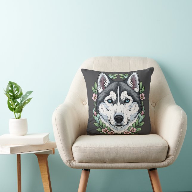 Siberian Husky Hund Och Mountain Laurel Blommor  Kudde (Stol)