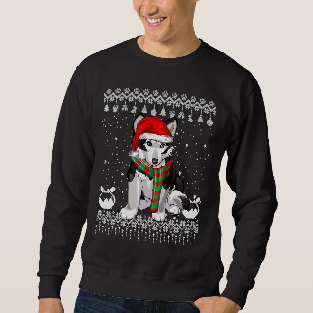 Siberian husky Hund Santa Hat Julafton Ugly Lång Ärmad Tröja (Framsida)