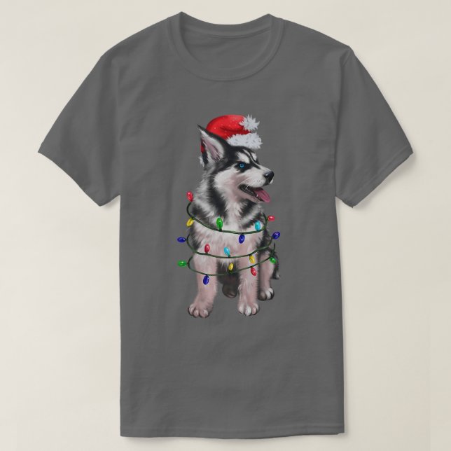 Siberian husky Hund Santa Hat Julgran Ljus T Shirt (Design framsida)