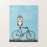 Siberian husky Hund Sitta om Vintage Cycle Pussel<br><div class="desc">Pussel med ett vackert Husky sitta på en gammaldags cykel på en blå sommardag.</div>