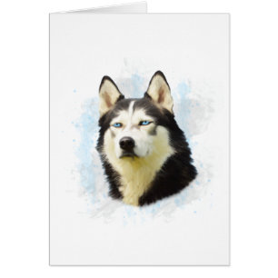 Siberian Husky Hund Vattenfärg Konst Målning Hälsningskort