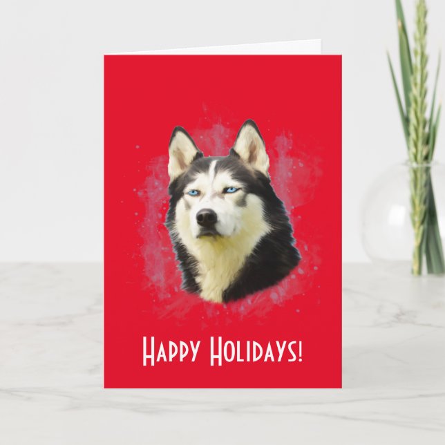 Siberian Husky Hund Vattenfärgskonst God Jul Helgkort (Framsida)