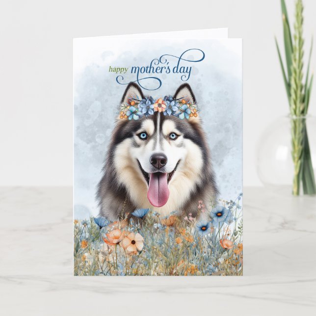 Siberian Husky Hund Vildblommor Mors Dag Helgkort (Framsida)