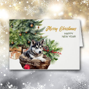 Siberian husky Hund Wicker Basket Julgran Hälsningskort