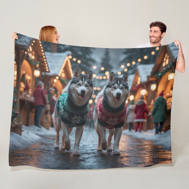 Siberian Husky Hundar Jul Snö Högtid  Fleecefilt (På plats)