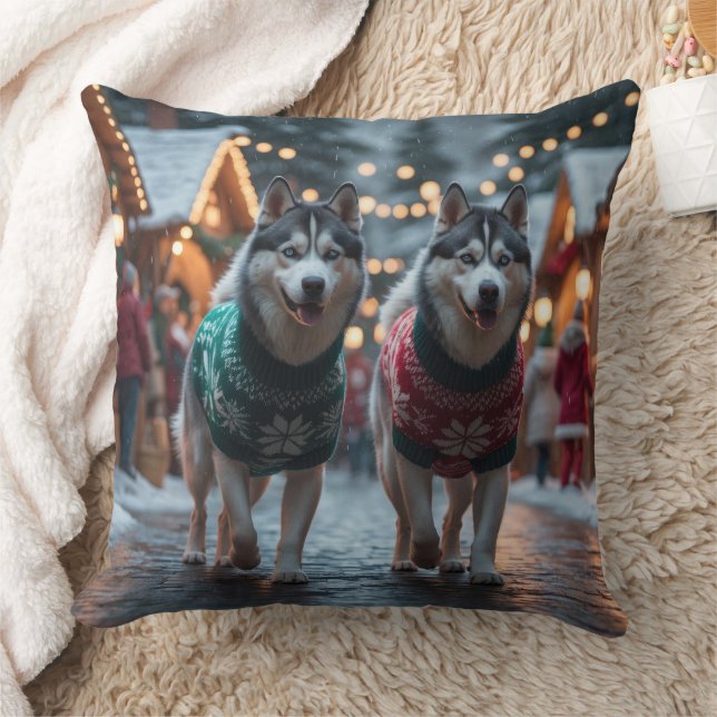 Siberian Husky Hundar Jul Snö Högtid  Kudde (Filt)