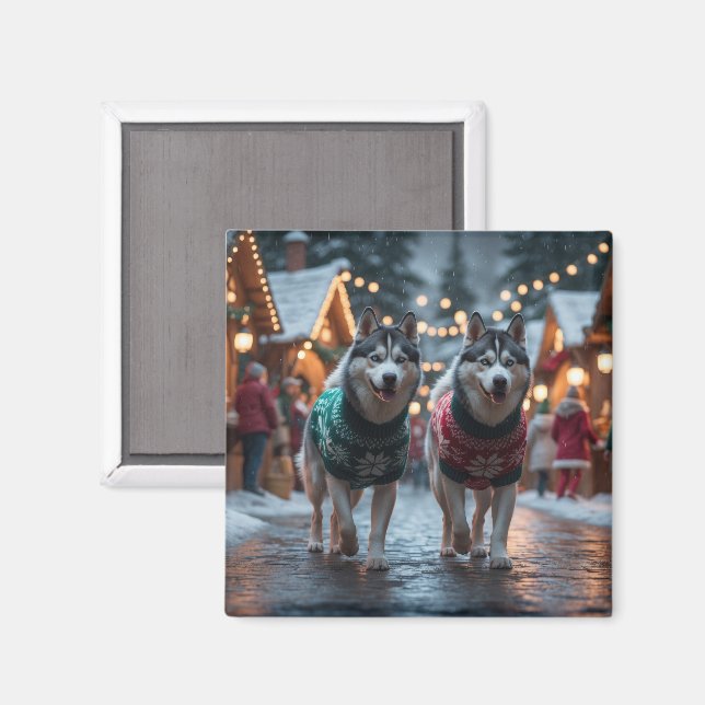 Siberian Husky Hundar Jul Snö Högtid  Magnet (Front/Back)