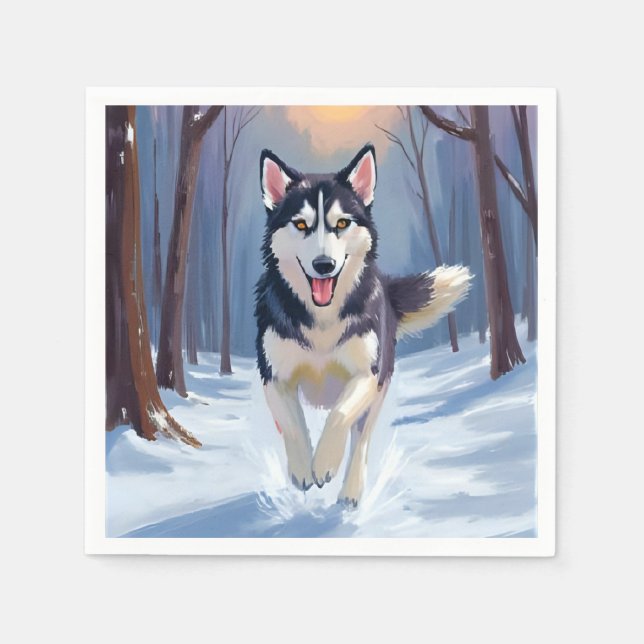Siberian Husky | Hundmålning Vinter Pappersservett (Framsidan)